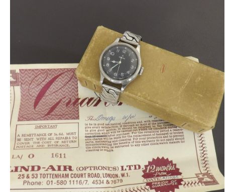 Omega British Military RAF pilot's issue stainless steel gentleman's wristwatch, circa 1956, the black dial with Arabic numer