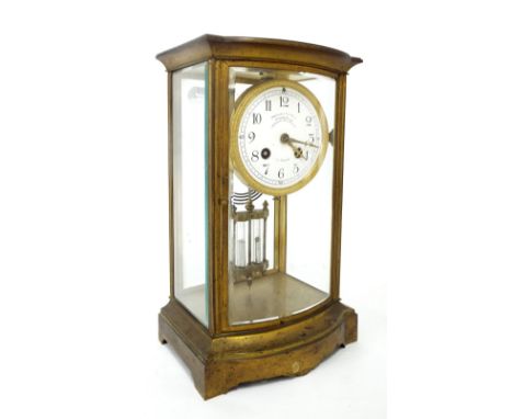 French brass four glass two train mantel clock, the S. Marti movement striking on a gong, the 4" white dial signed Horloger..