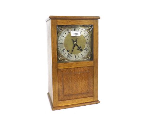 German oak two train ting-tang mantel clock, the W & H movement striking on two gongs, the 6" square brass dial plate with si