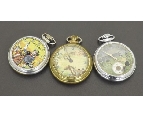 Ingersoll novelty automaton chrome plated pocket watch, 51mm; together with a Jeff Arnold novelty automaton chrome plated poc