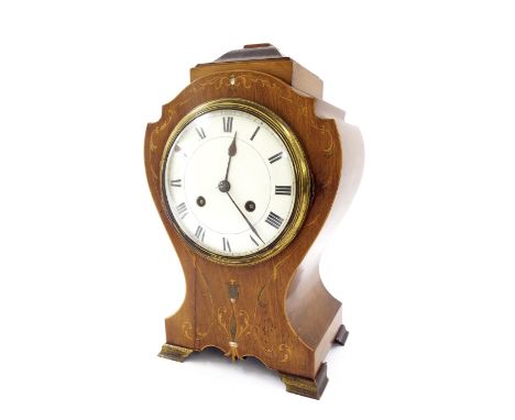 Gustav Becker mahogany inlaid two train balloon mantel clock striking on a gong, 14.75" high (pendulum and key)
