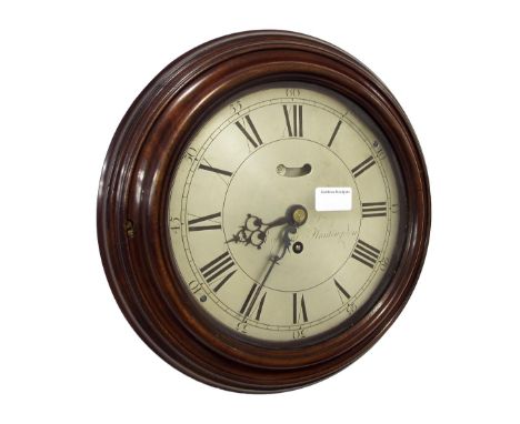 Good mahogany single fusee verge wall dial clock, the 10" silvered dial signed John Rayment, Huntingdon, with pendulum apertu