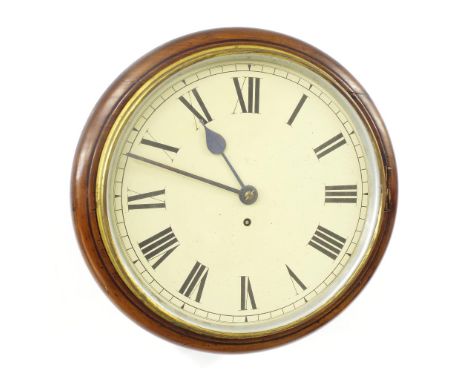 Mahogany single fusee 12" wall dial clock, within a turned surround (pendulum and key)