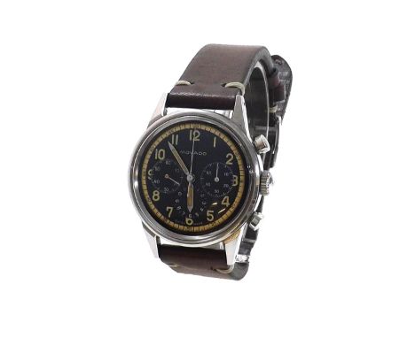 Movado Sub-Sea 1960s chronograph stainless steel gentleman's wristwatch, ref. 568, black dial with luminous Arabic numerals a