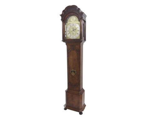 Good Scottish walnut eight day longcase clock, the 13" brass arched dial signed Jas Liddle, Bathgate to the foliate engraved 