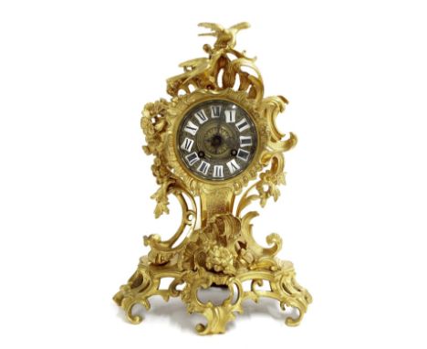 French ormolu rococo two train mantel clock, the S. Marti movement with outside countwheel striking on a bell, the 3.25" gilt