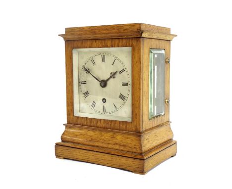 Small oak English single fusee library mantel clock, the movement with deadbeat escapement and locking pendulum, the 4.25" sq