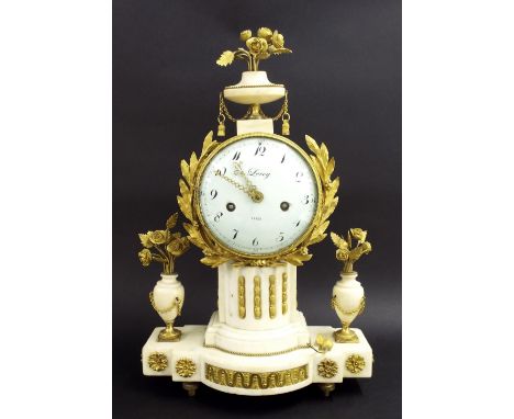 Good French ormolu and white metal two train pillar and drumhead mantel clock, the movement with large outside countwheel str