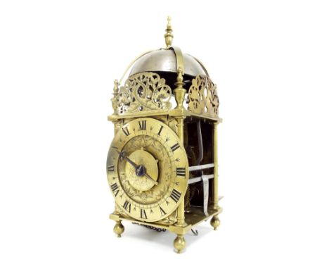 Early English brass hook and spike alarm lantern clock, the 6.25" chapter ring enclosing a foliate engraved centre with singl