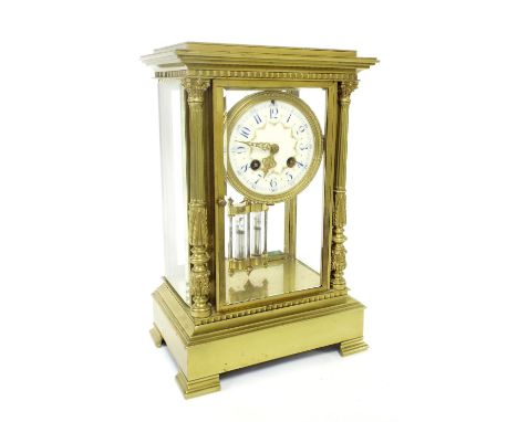 French brass four glass two train mantel clock, the Japy Freres movement striking on a gong, the 3.5" painted cream dial with