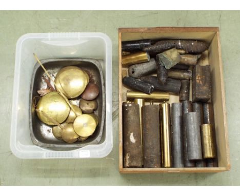 Large quantity of various wall clock weights, also a small quantity of pendulums and pendulum bobs