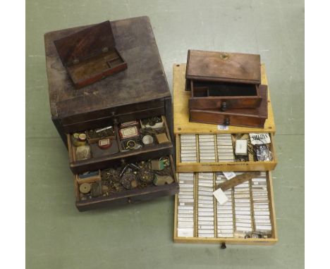 Small chest containing various old small clock parts etc; also two drawers of various size hairsprings etc