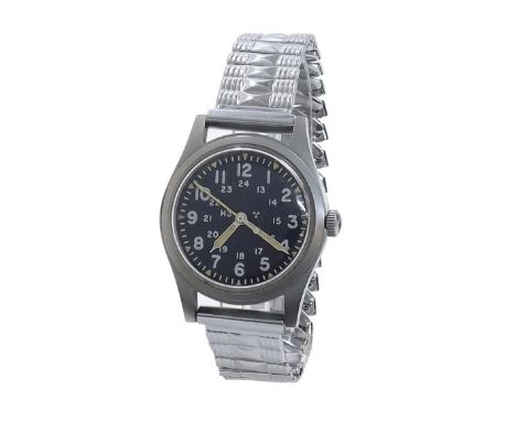 Hamilton H3 US Military stainless steel wristwatch, ref. Mil-W--46374B, the back with various reference marks, expanding brac