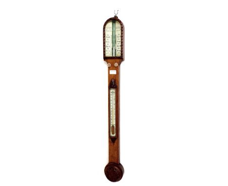 Oak stick barometer/thermometer, the ivorine angled scale signed J.M. Bryson, 60 Princes Street, Edinburgh, within a rounded 