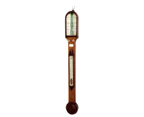 Oak stick barometer/thermometer, the ivorine angled scale signed J.M. Bryson, 60 Princes Street, Edinburgh, within a rounded 