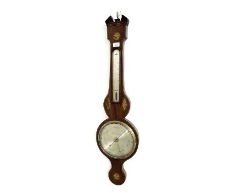 English mahogany inlaid banjo barometer/thermometer, the 8" silvered dial signed F. Donegani, Newcastle, within a shaped case
