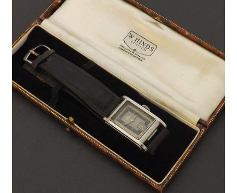 Omega Marine Standards Waterproof rectangular stainless steel wristwatch, circa 1939, the black and grey dial with Arabic num
