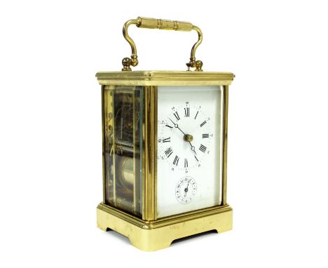 French repeater carriage clock with alarm, the movement striking on a gong and bearing the L'Epee maker's trademark logo, wit