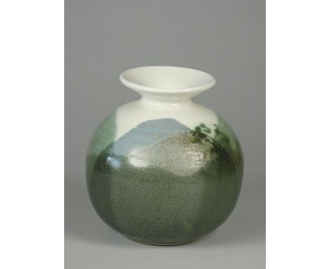 Syl and Ray Marco white ceramic vase, with green and blue glaze, impressed mark on base, height 13.5 cm 