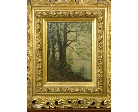 Josephin Leloing, (French 19th century), Lakeside Scene, oil on oak panel, 21 x 16 cm. Label verso
