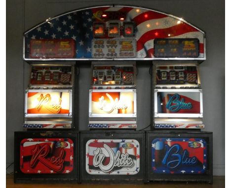 A Vivid by Barcrest slot machine group, Red, White and Blue, with overhead lighting board, in working order but untested and 