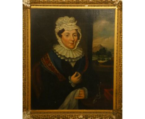 Early 19th century, Mrs Eldridge, portrait with a lace bonnet, unsigned, oil on canvas, 76 x 63 cm. Label verso with an undat