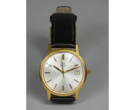 Omega; a gold plated gentleman's manual wind date wristwatch, cal 1030, the silvered dial with gilt baton markings, Omega lea