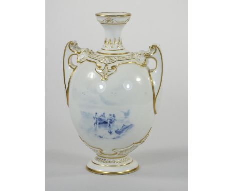 A Royal Worcester two handled urn, decorated with fishermen and a bay scene, gilt border, pattern 1684, 18cm. 