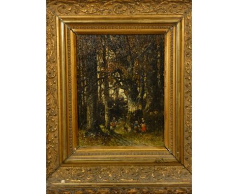 Continental school, early 19th century, Berry pickers in wooded glade, oil on oak panel, indistinctly signed, 19 x 16 cm.