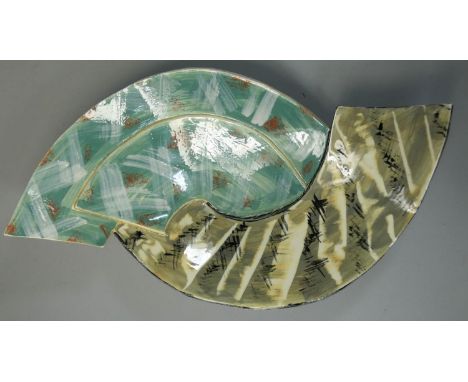 Carol McNicoll (b.1943), an unusual split ceramic bowl, in the form of two interwoven arches, painted signature to the base, 