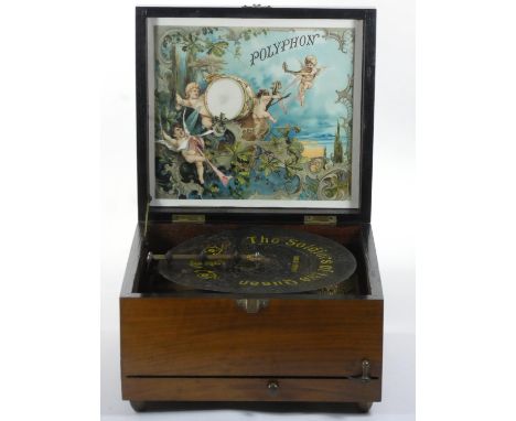 A German Polyphon, number 136010, playing a 20.5 cm disc, 26 x 24 x 15 cm, working as at 17/04/21. 