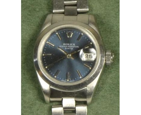 A ladies stainless steal Rolex Oyster Perpetual date bracelet watch circa 1989, REF. 69160, blued dial with silver batons &am