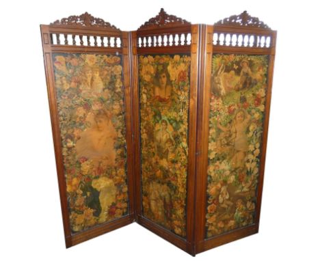 An Edwardian mahogany framed decoupage three fold screen, each panel decorated with various scenes, 180 x 190 cm.