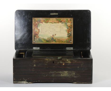 A 19th century Swiss music box with boxwood inlay, movement playing 6 airs in need of restoration. 36 x 19 x 13 cm. Not worki