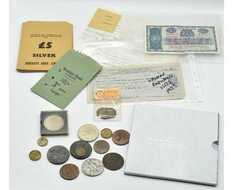 Quantity of coins, tokens and bank notes to include 1953 coronation crown, French revolution period 5 sols, Newgate MDCCXCIV 