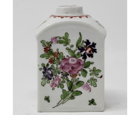 A Lowestoft porcelain rectangular shouldered tea caddy painted with the polychrome rose pattern.