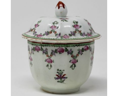 A Lowestoft porcelain polychrome sucrier &amp; cover, moulded with shallow flutes with a domed, fluted cover with hexagonal p