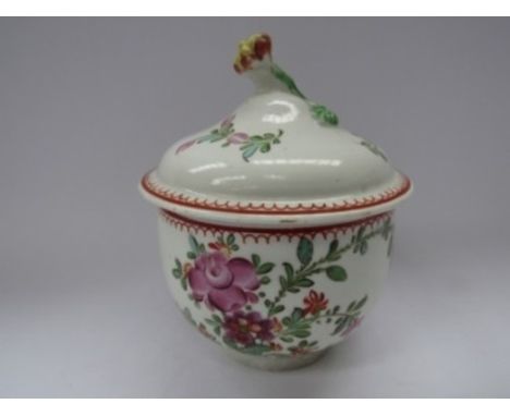 A Lowestoft porcelain polychrome "Thomas Rose" pattern sucrier and lid with flower knop. Approximately 12cm tall. Slight disc