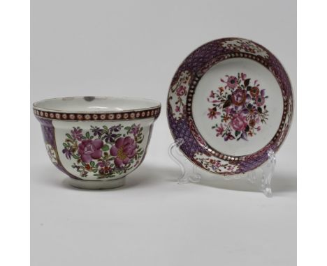 A Lowestoft porcelain polychrome sucrier base painted with rose sprays in a purple lattice background, outlined in gilt. Bric