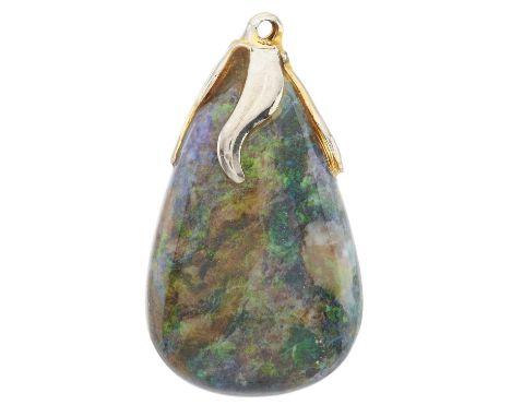 A boulder opal cabochon single-stone pendant, with bi-colour surmount, length 3.2cm, 4.8gOverall good conditionLight to moder