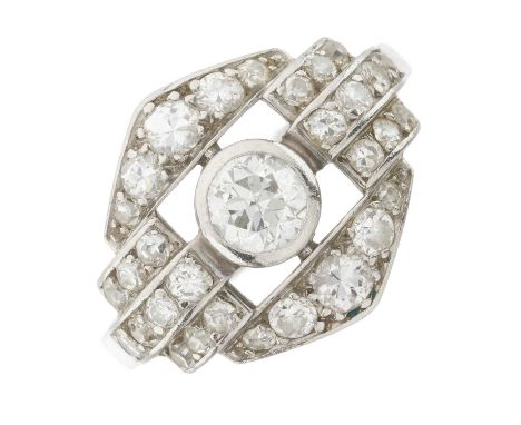 An Art Deco platinum circular-cut diamond dress ring, estimated total diamond weight 1.20ct, H-J colour, SI clarity, French a