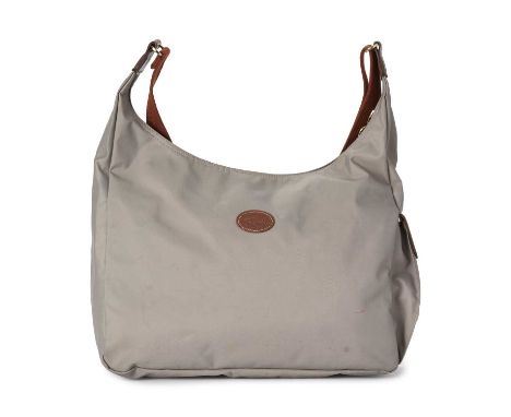 Longchamp, a large Pliage crossbody hobo handbag, crafted from grey nylon with brown leather trim, adjustable crossbody strap