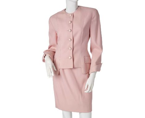 Valentino Boutique, a vintage pink wool skirt suit, comprising a fitted wool jacket and matching knee-length pencil skirt, la