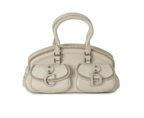 Christian Dior, a white leather Detective handbag, designed with a structured shape, featuring brown topstitch detailing, sil