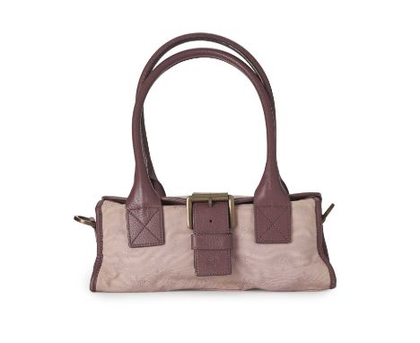Mulberry, a canvas Top Handle handbag, designed with a pink jacquard logo patterned exterior and purple leather trim, looping