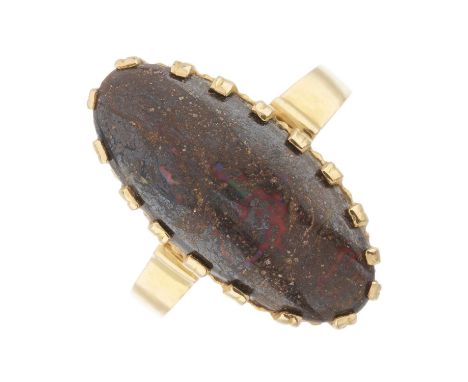 A gold boulder opal cabochon single-stone ring, opal measures approximately 21.6 by 9.8 by 4.7mm, ring size L, 6.6gOverall go