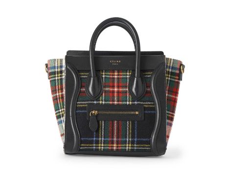 Celine, a Nano Luggage tote, featuring a tartan fabric exterior with smooth black leather trim, small front zip pocket, dual 