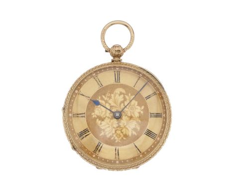  An open face pocket watchCase: 18ct gold. Hallmarks for London 1880. Numbered 47xx. Rotherham & Sons sponsor's mark. Width: 
