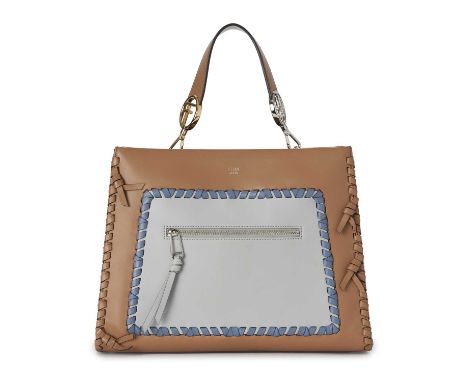 Fendi, a bicolour Whipstitch Runaway handbag, designed with a smooth tan calf leather exterior, with pale blue leather front 