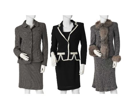 Rena Lange, three vintage wool outfits, to include a grey boucle skirt suit, featuring a calf-length skirt and a matching jac